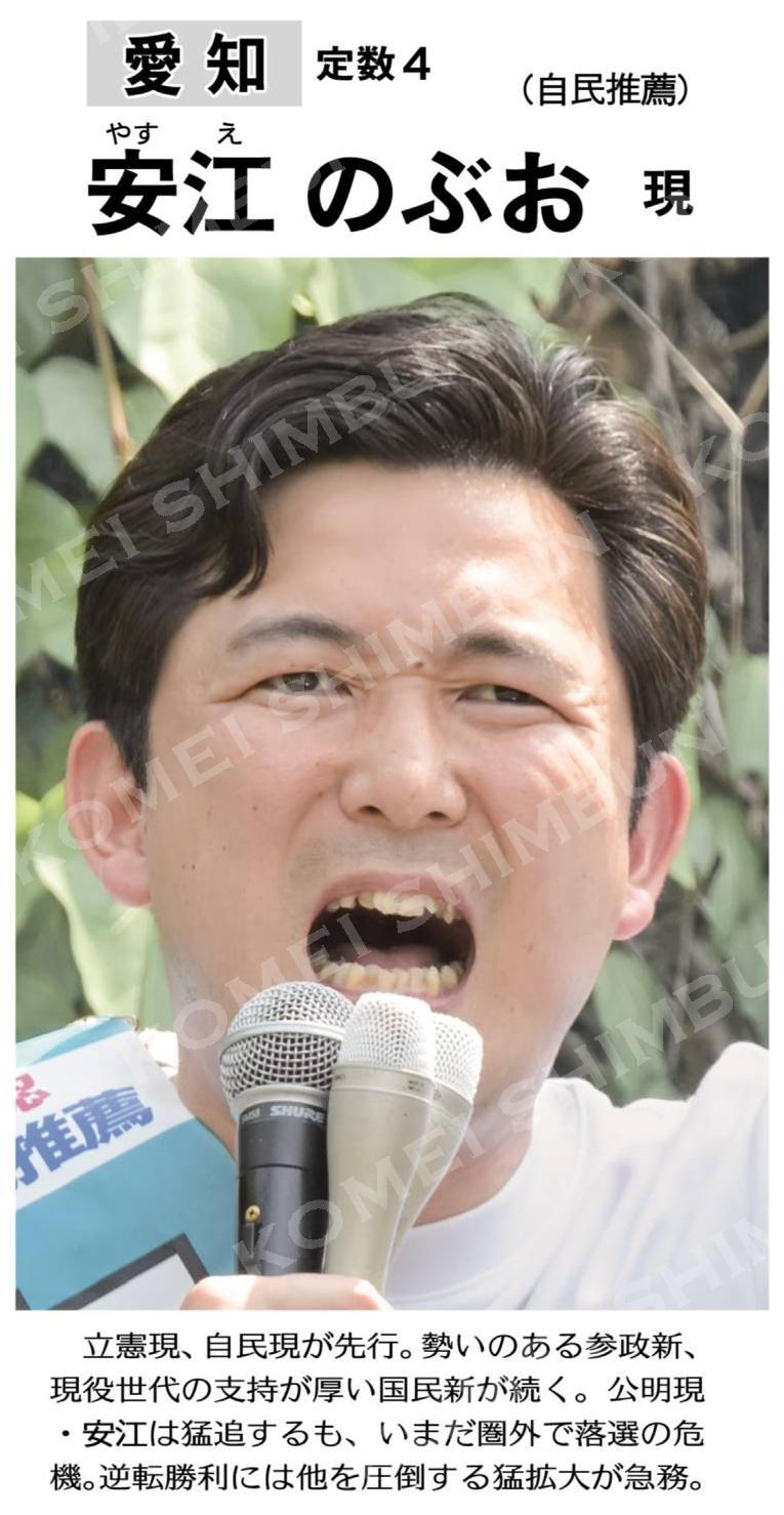 （参院選２０日(日)投票）安江のぶお　現＝自民推薦（愛知選挙区＝定数４）／あと２日、執念で競り勝つ／期日前投票あす１９日（土）まで