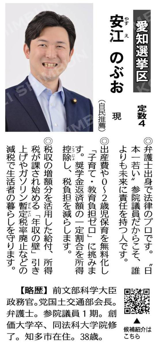 （参院選に挑む公明予定候補）安江のぶお　現（自民推薦）／愛知選挙区＝定数４