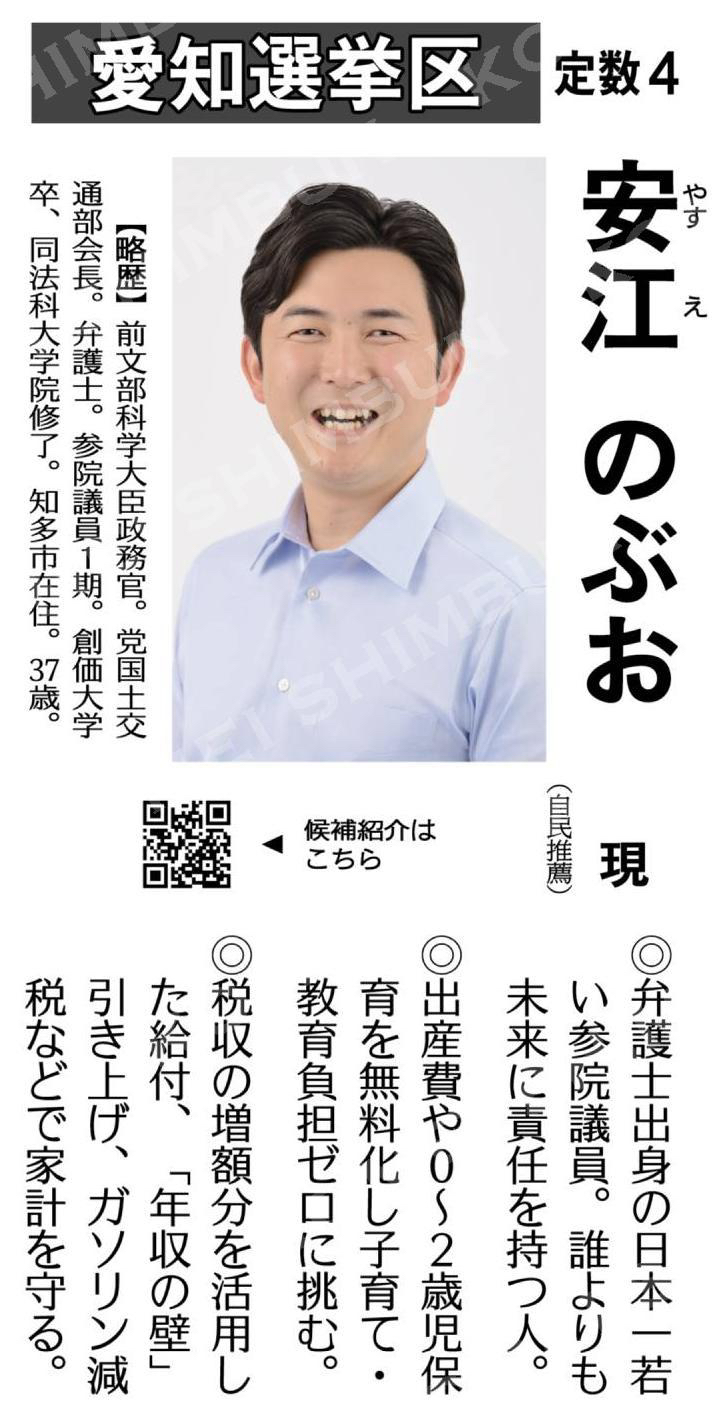 （参院選に挑む公明予定候補）安江のぶお　現（自民推薦）／愛知選挙区＝定数４